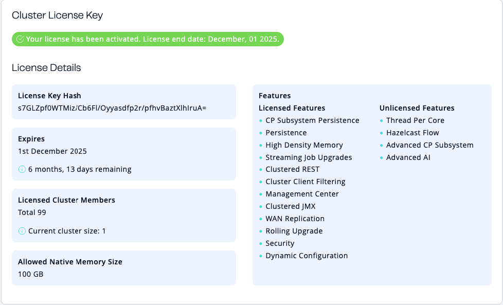 Cluster License page